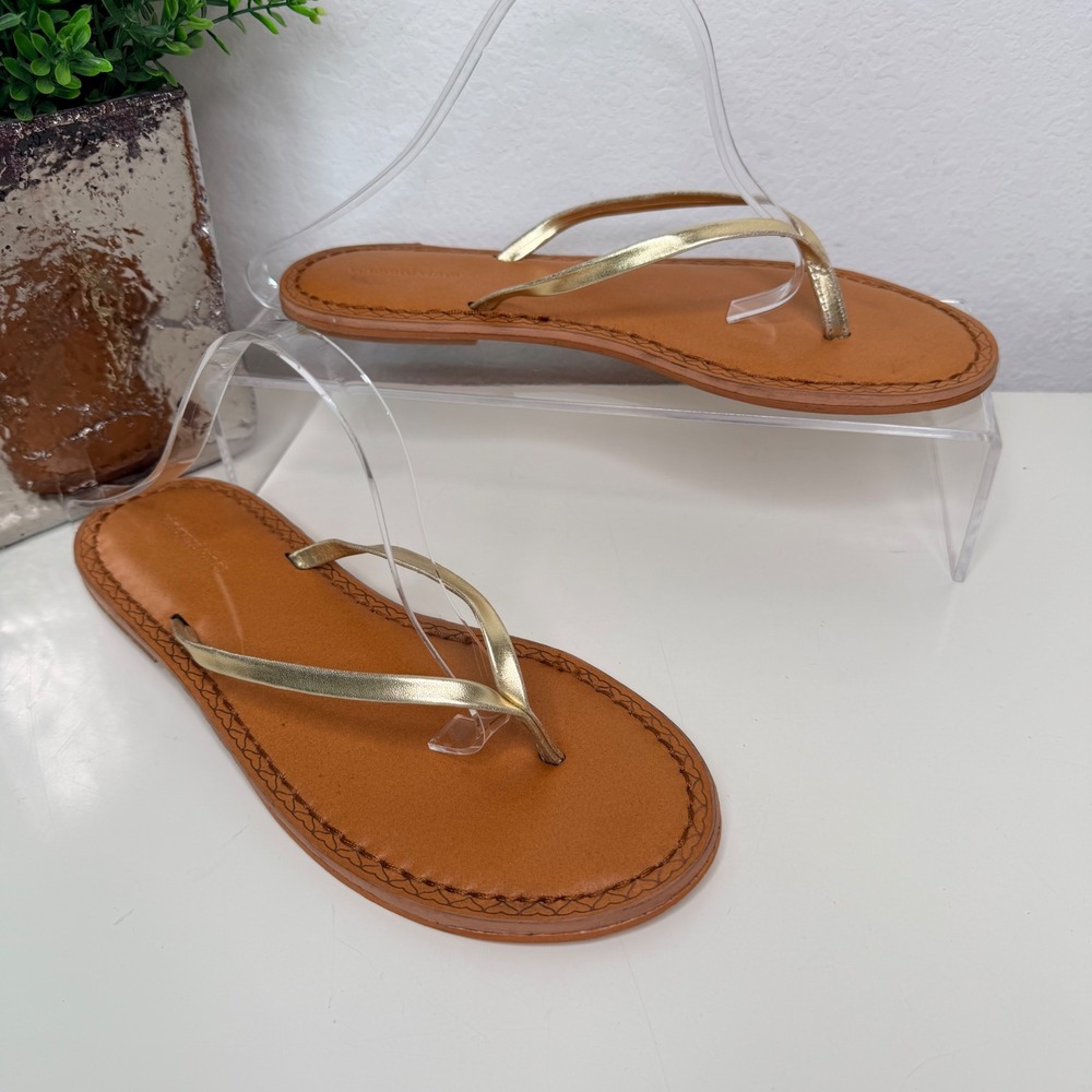 Vineyard Vines Flip Flop Sandals Womens Gold Metallic Leather Preppy Beachy 10